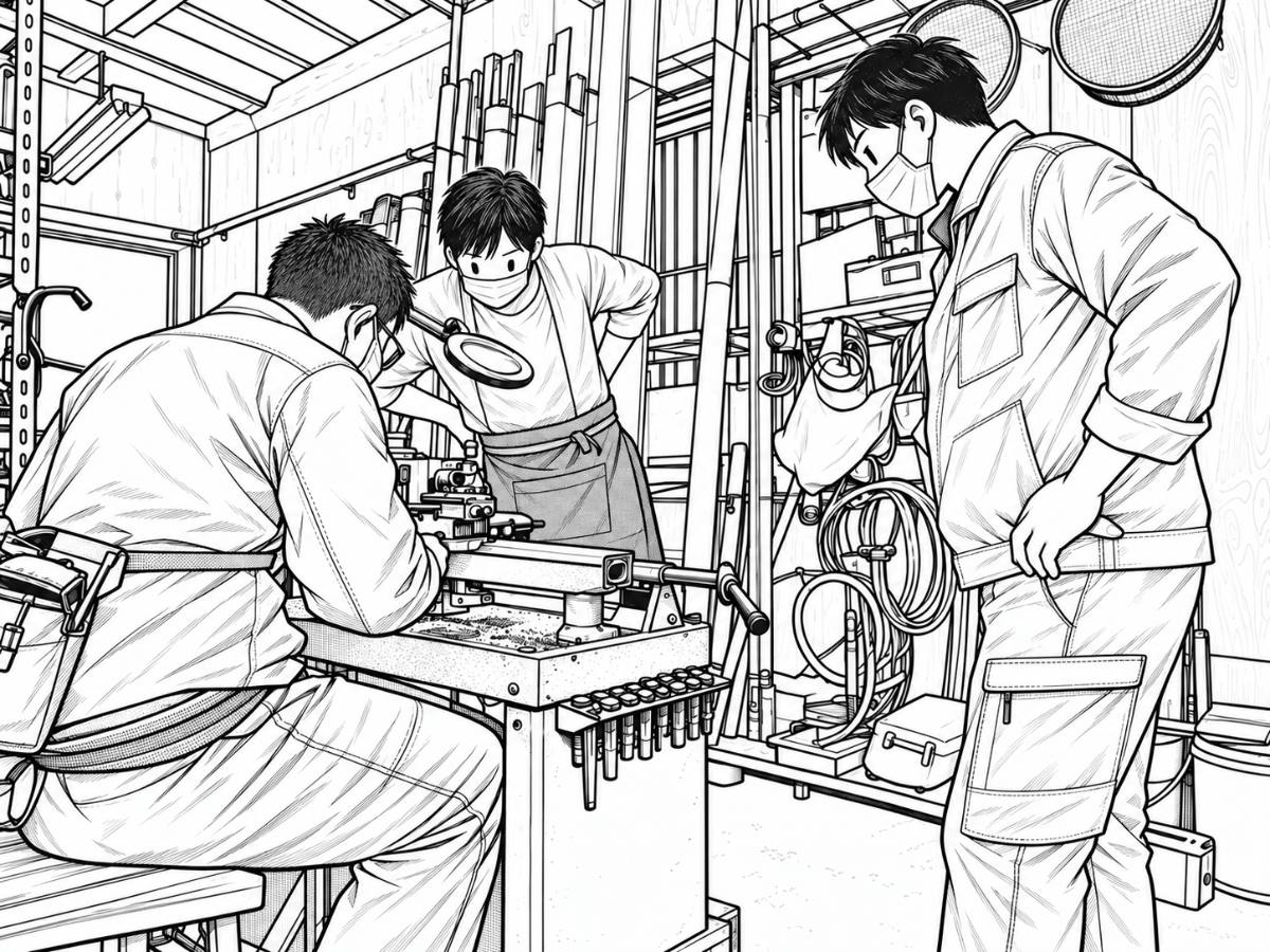 工場見学に訪れた学生たちと親方